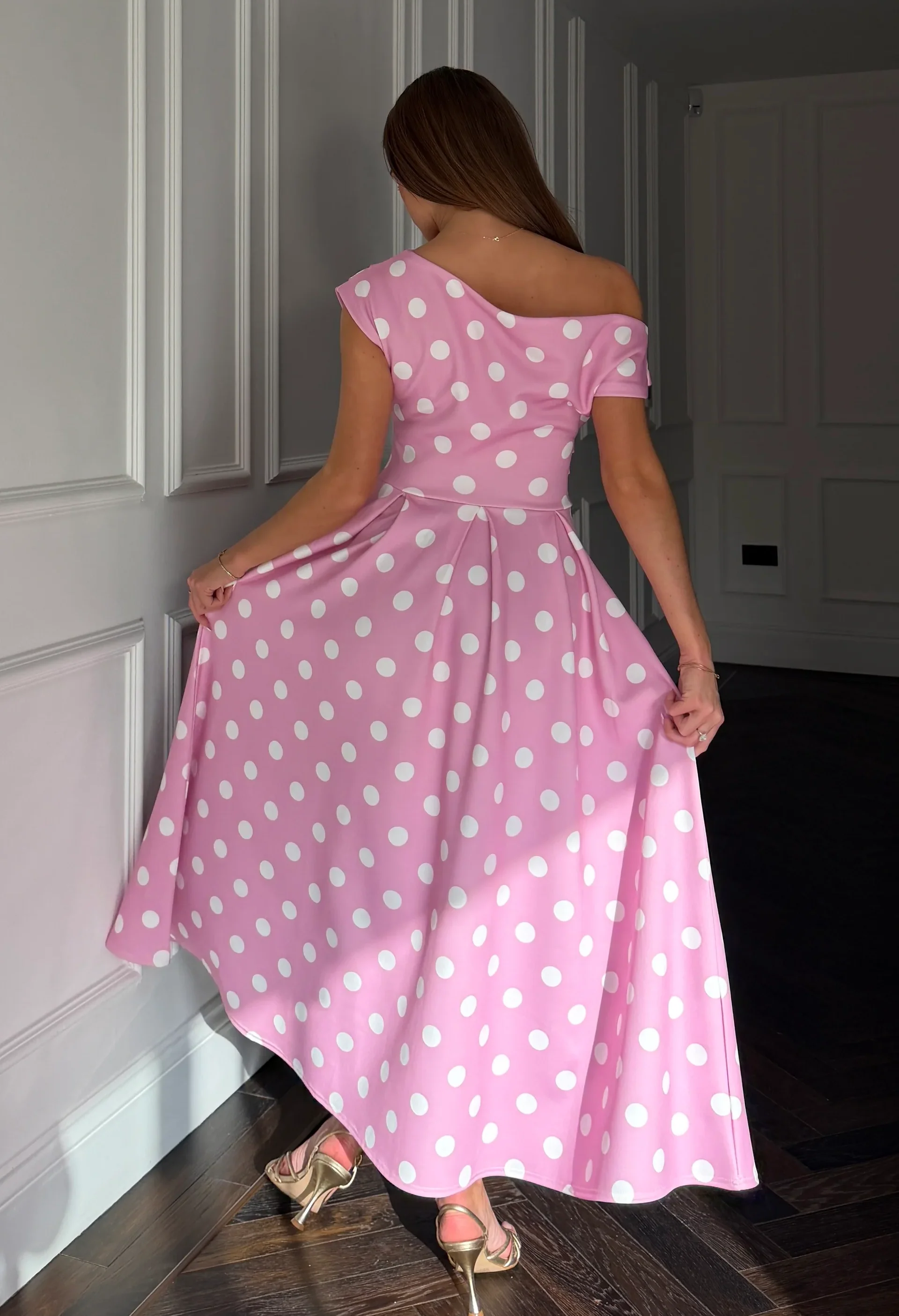 Betty Asymmetric Polka Dot Midi Dress - Image 8