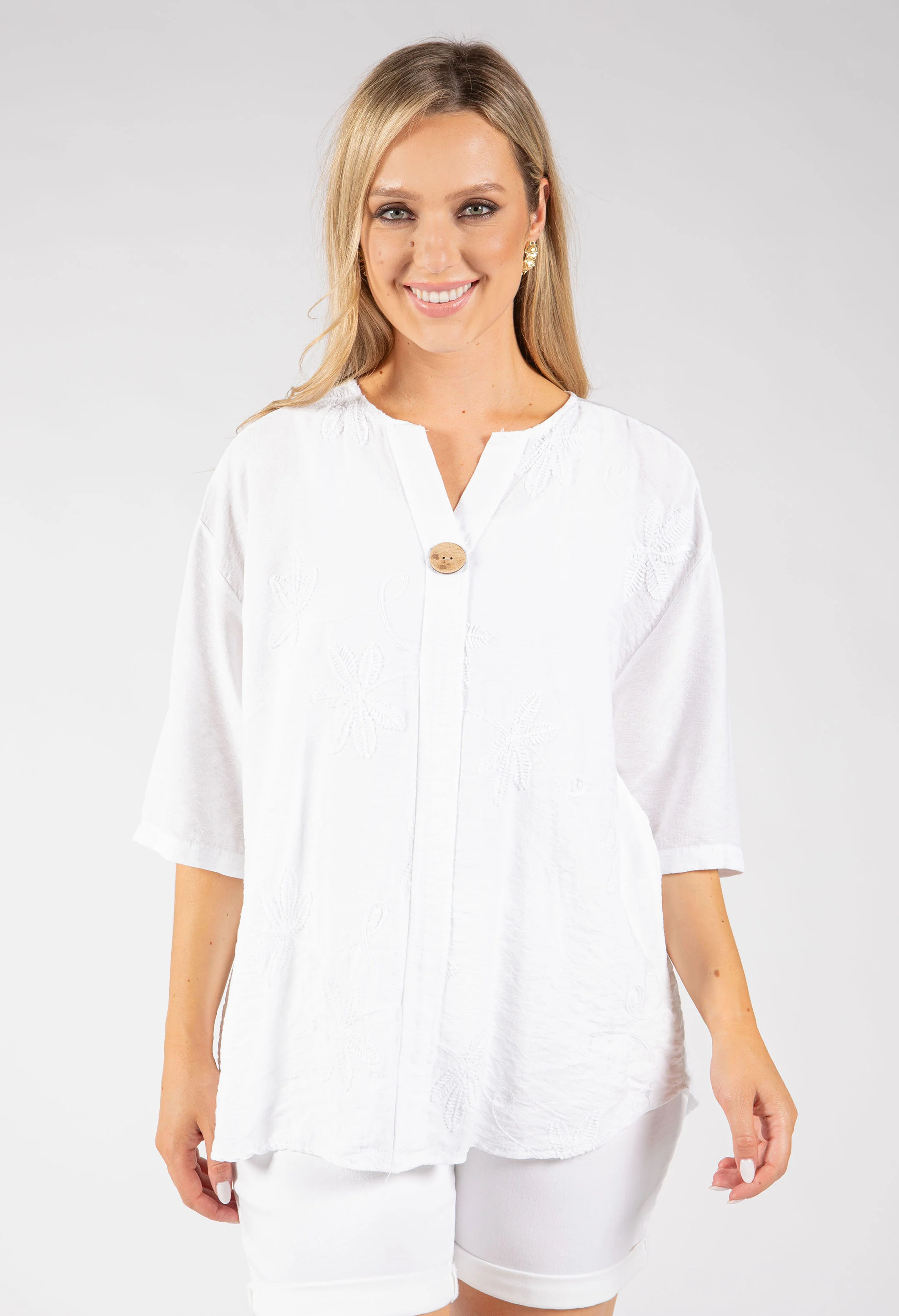 Button Detail Linen Look Blouse