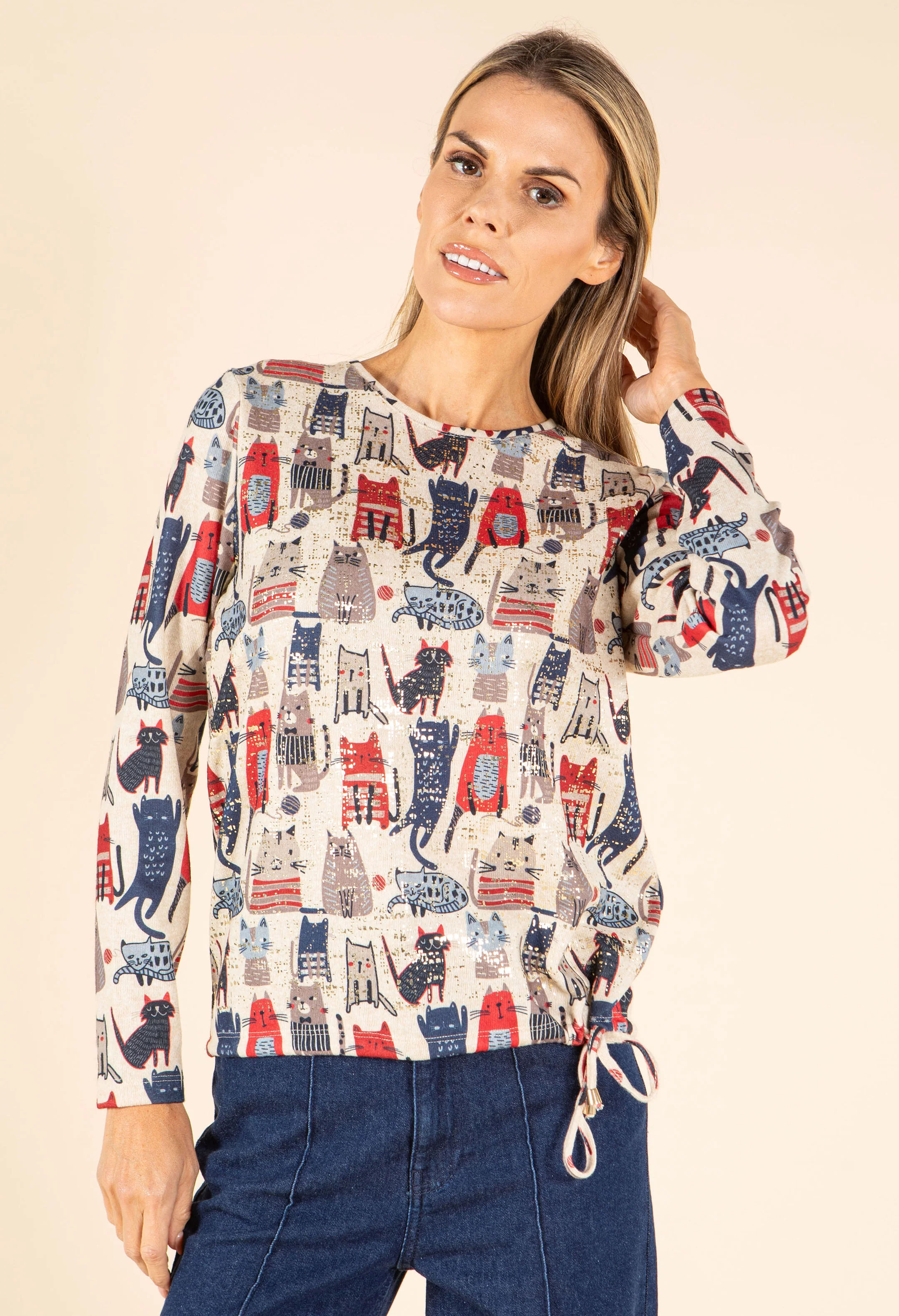 Cat Print Knit Top