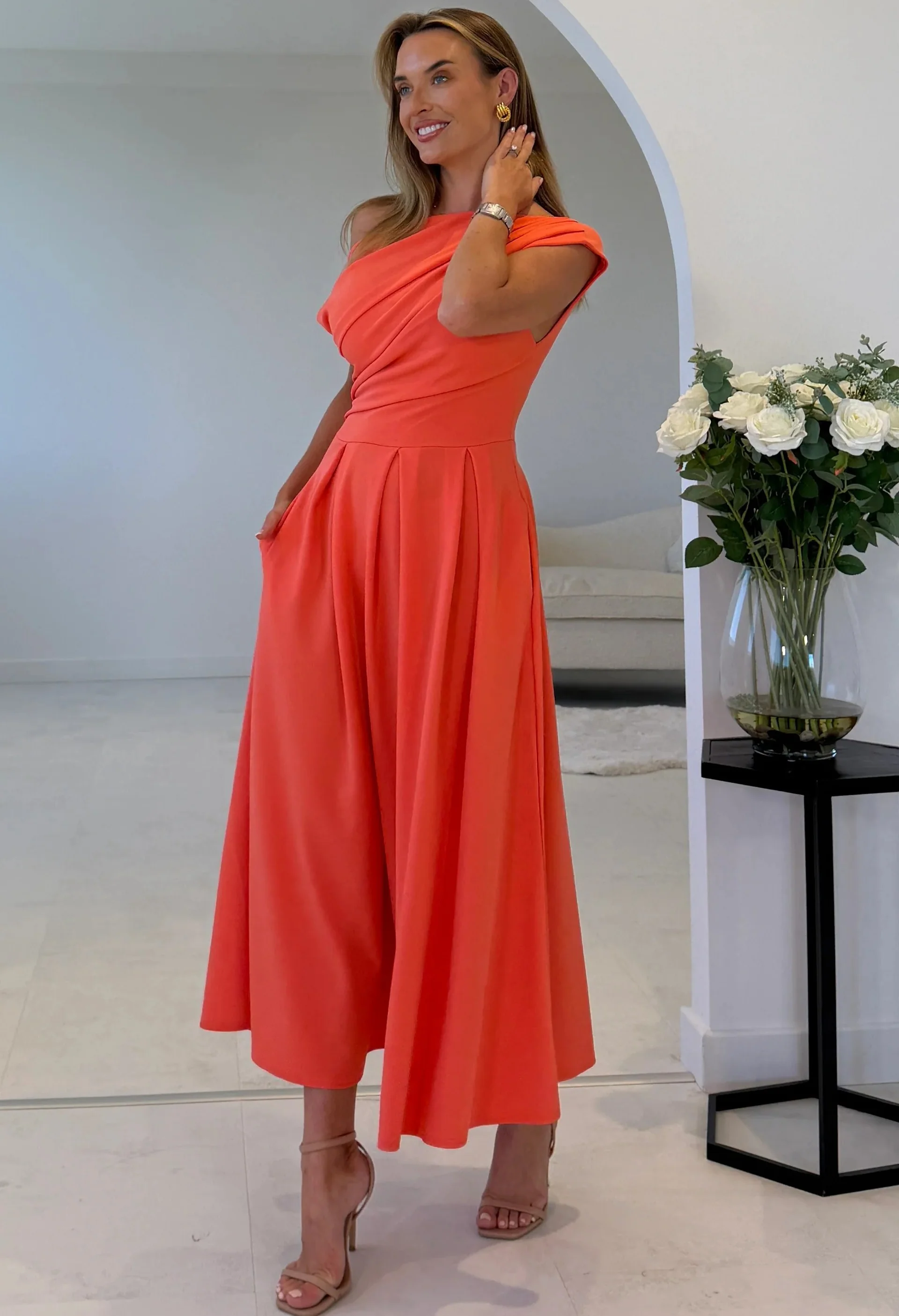 Dollie Asymmetric Neckline Skater Midi Dress - Image 9