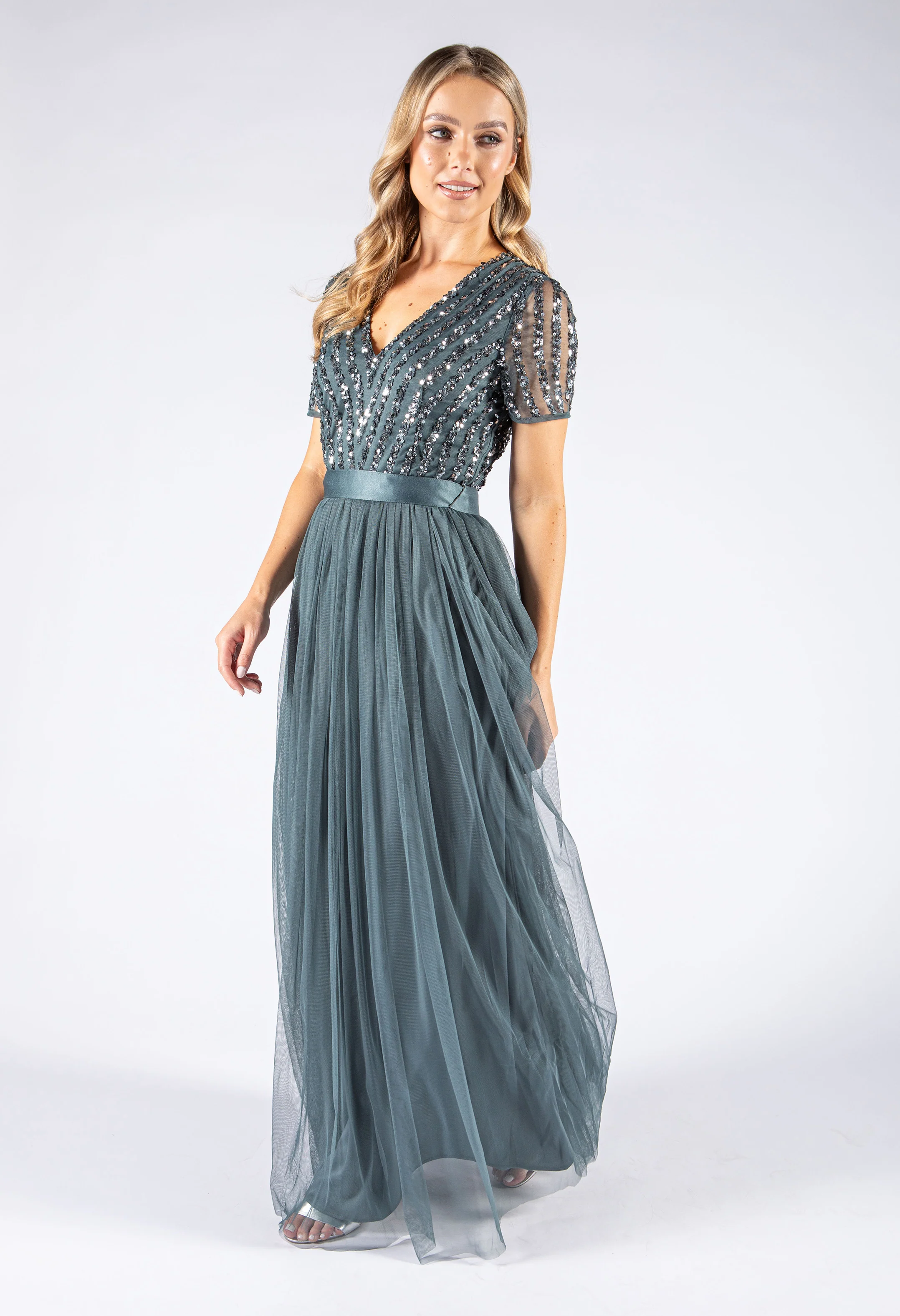 V Neck Sequin and Tulle Dress with Tie Waist - Image 5