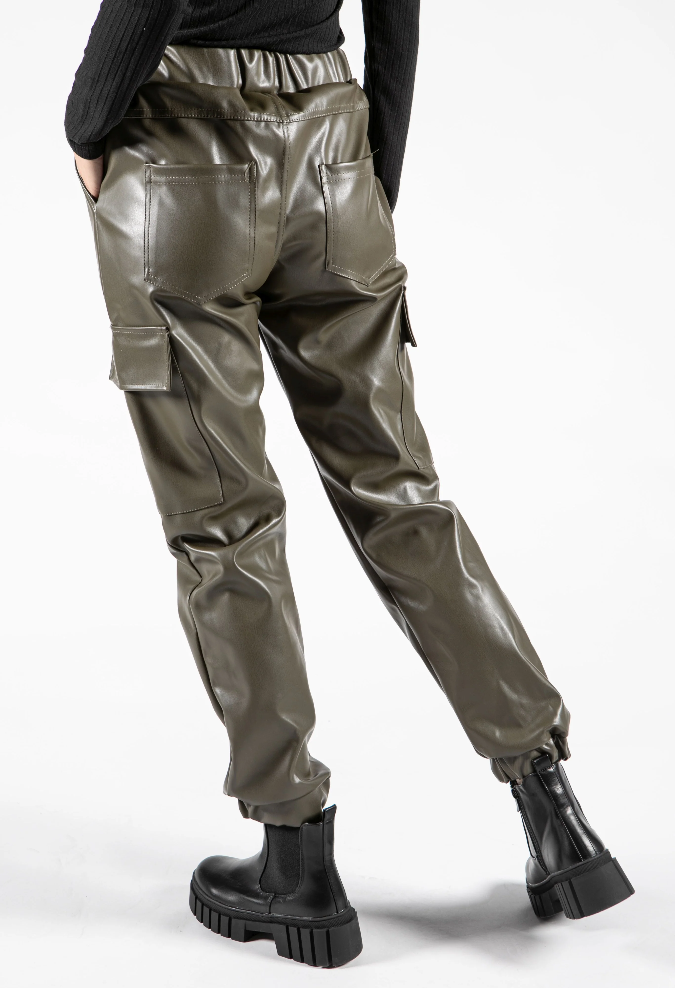 Faux Leather Cargo Style Trousers - Image 3