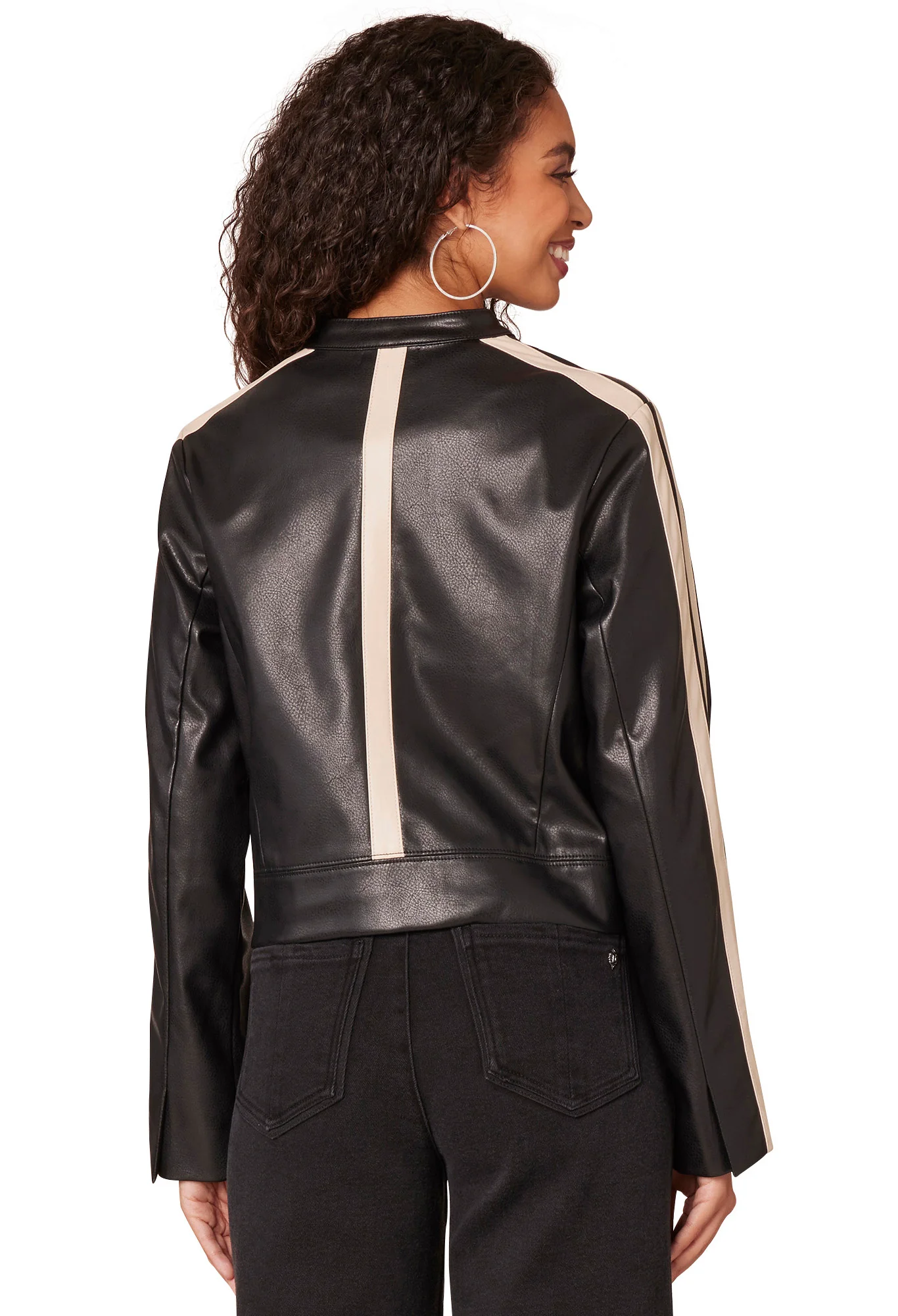 Long Sleeve Zip Front High Round Neck Biker Jacket with Welt Pockets - Image 2