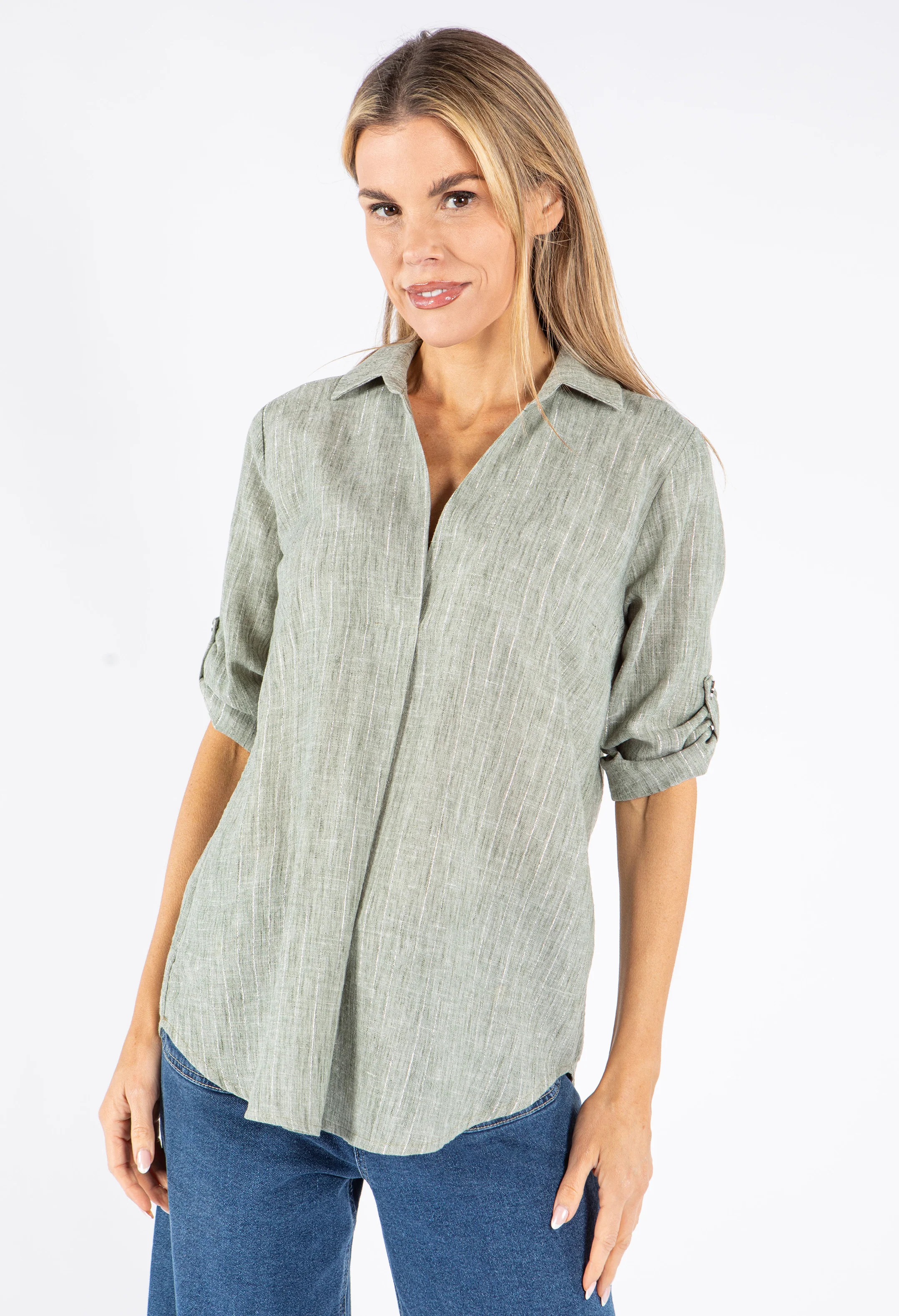Lurex Pinstripe V Neck Shirt - Image 6