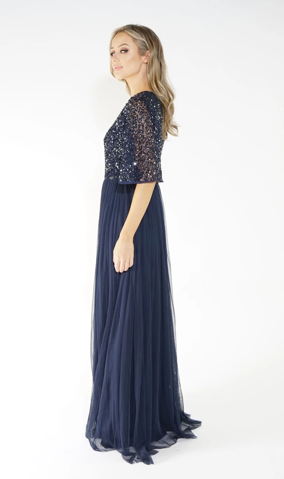 NAVY V NECK TULLE DRESS - Image 3