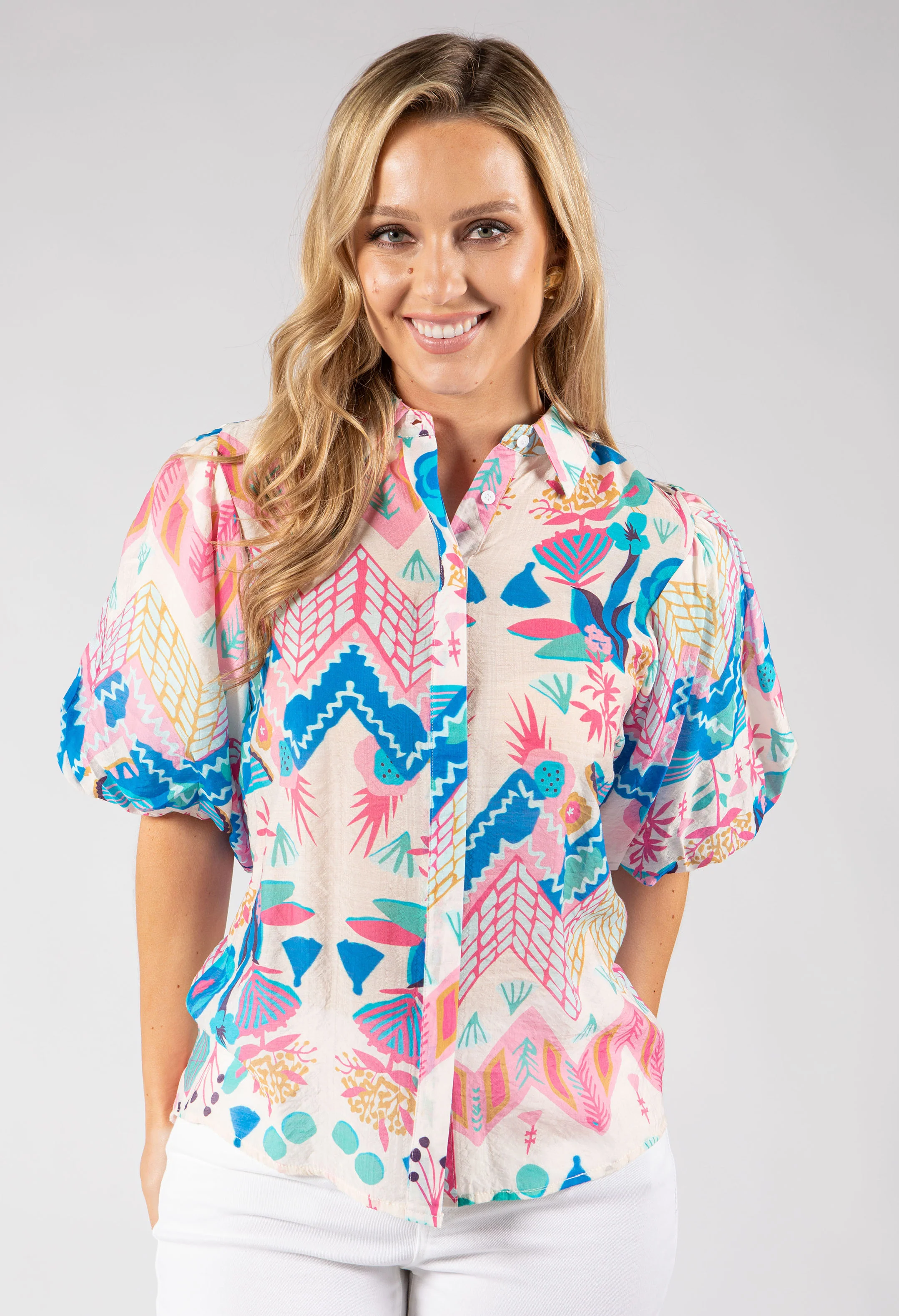 Puff Sleeve Abstract Print Blouse - Image 3