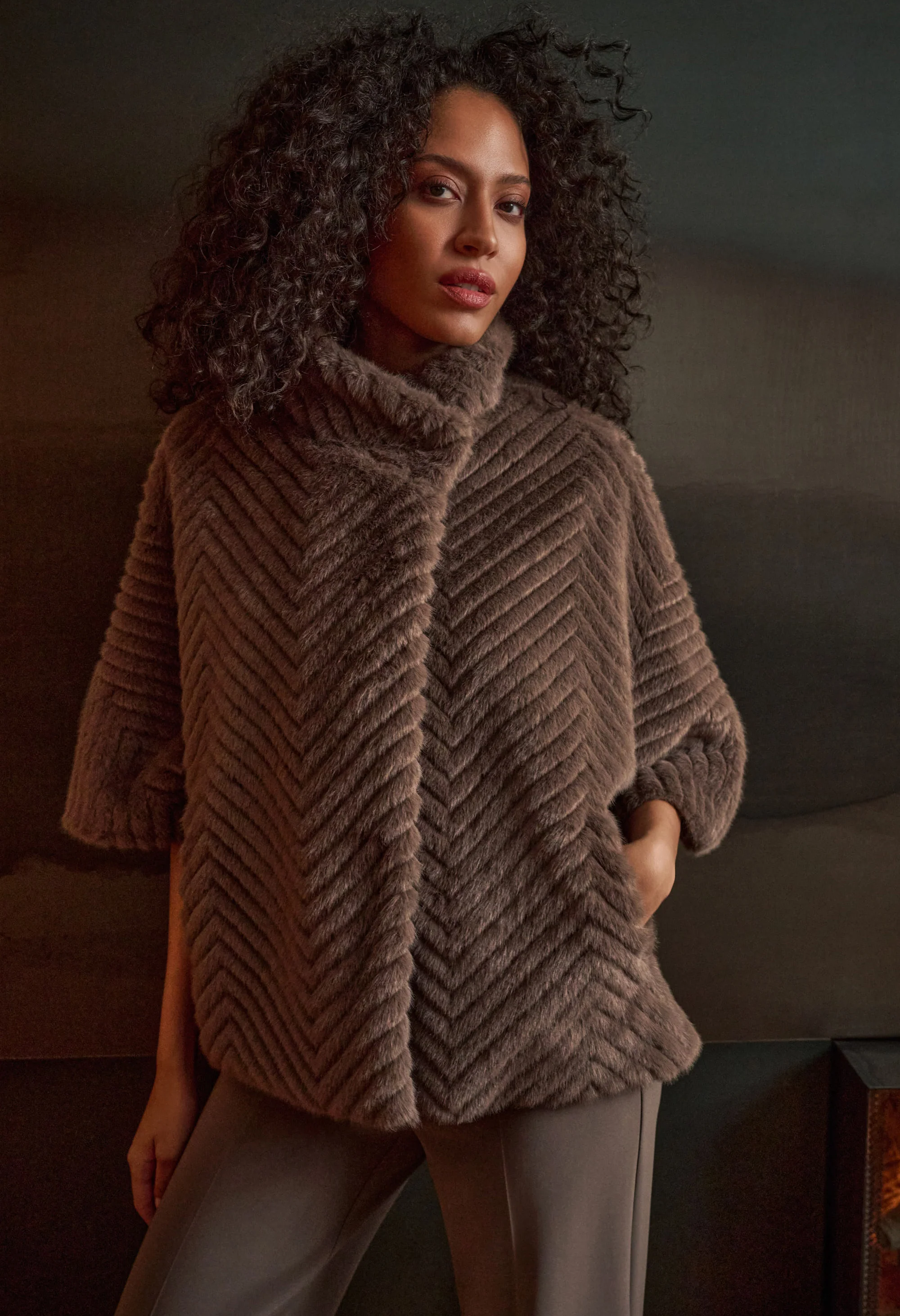 Short Chevron Faux Fur Cape