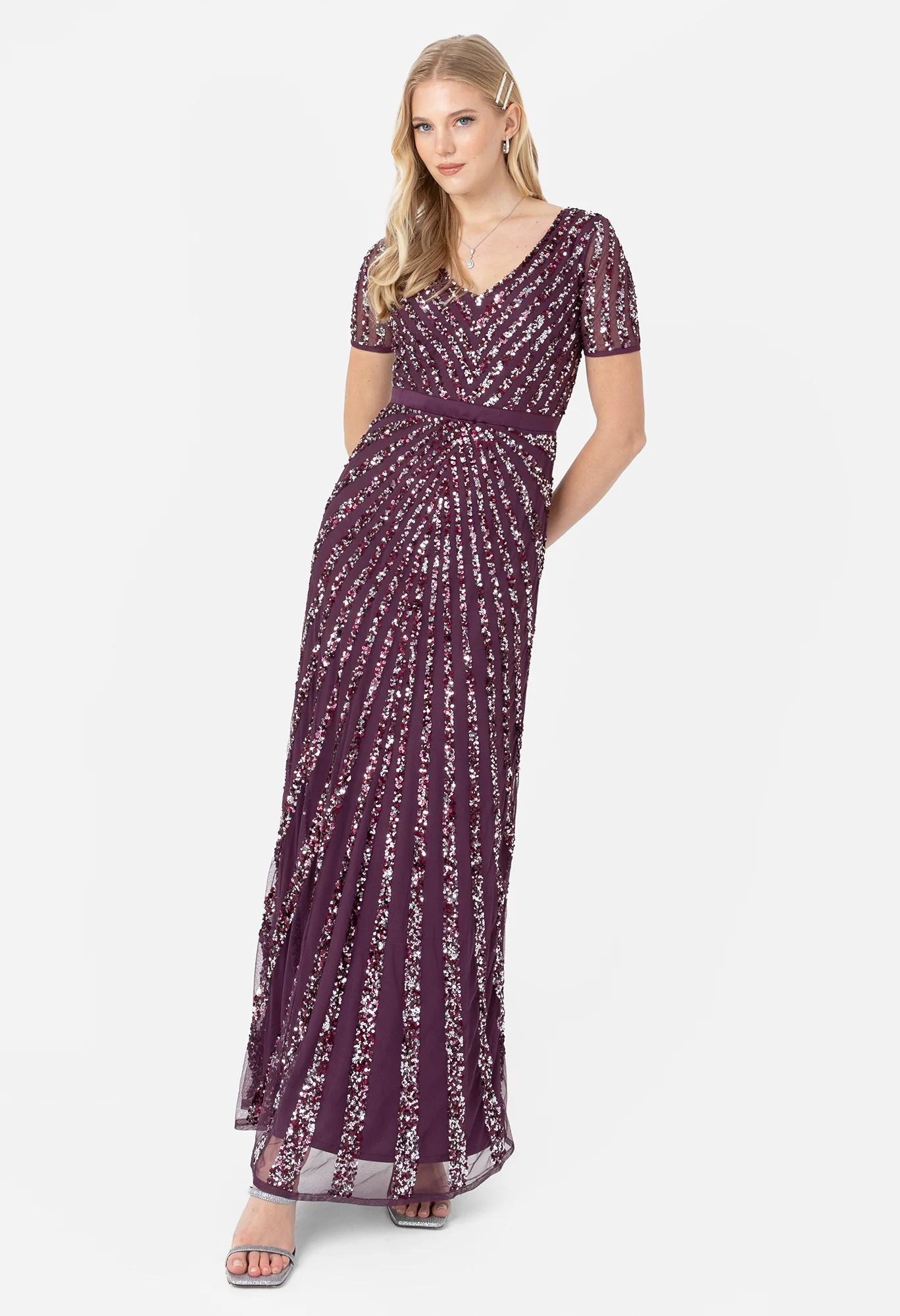 Short Sleeve Stripe Embellished Maxi Dress - Image 4