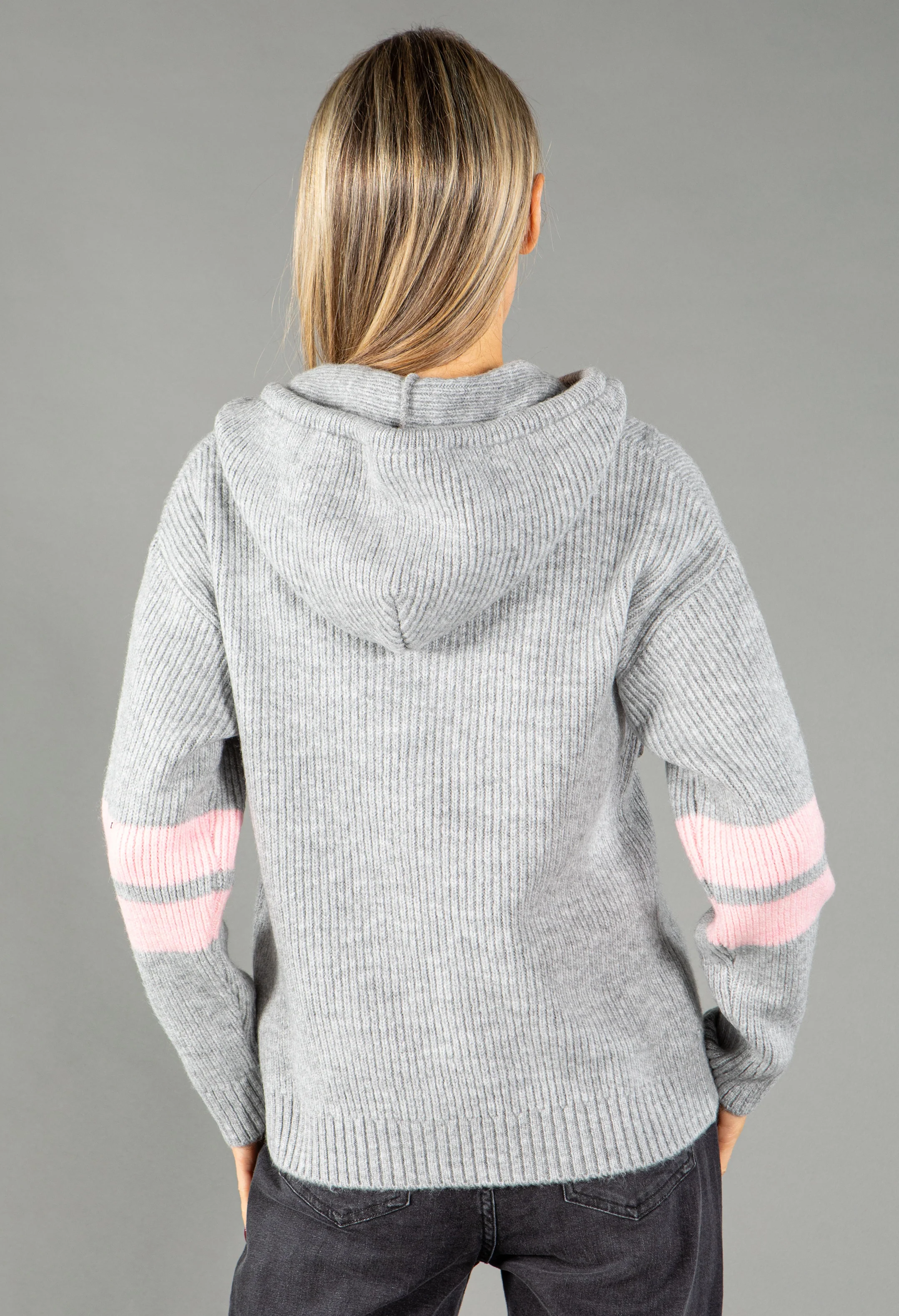 Stripe Sleeve Knit Half Zip Hoodie - Image 4