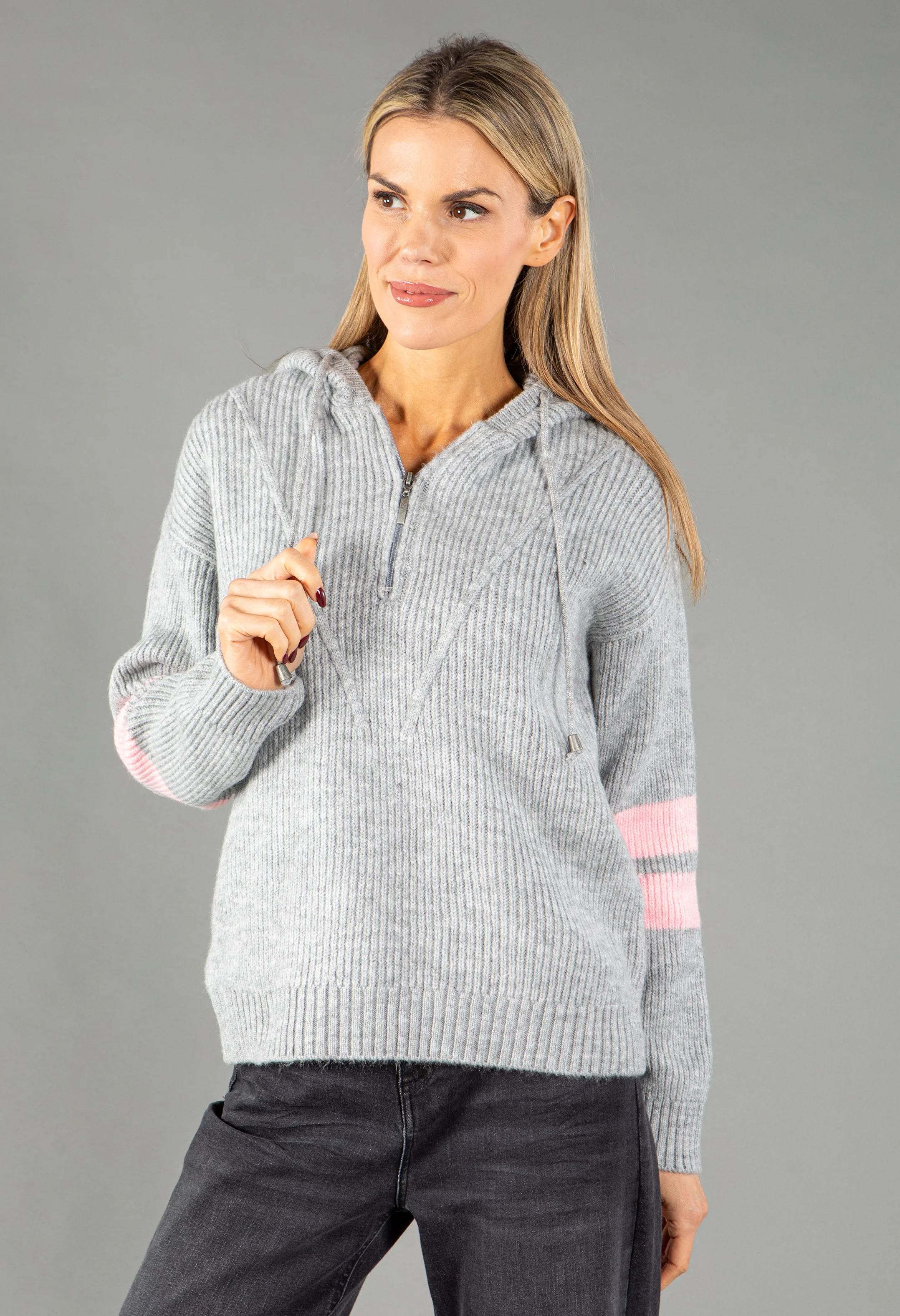 Stripe Sleeve Knit Half Zip Hoodie - Image 5