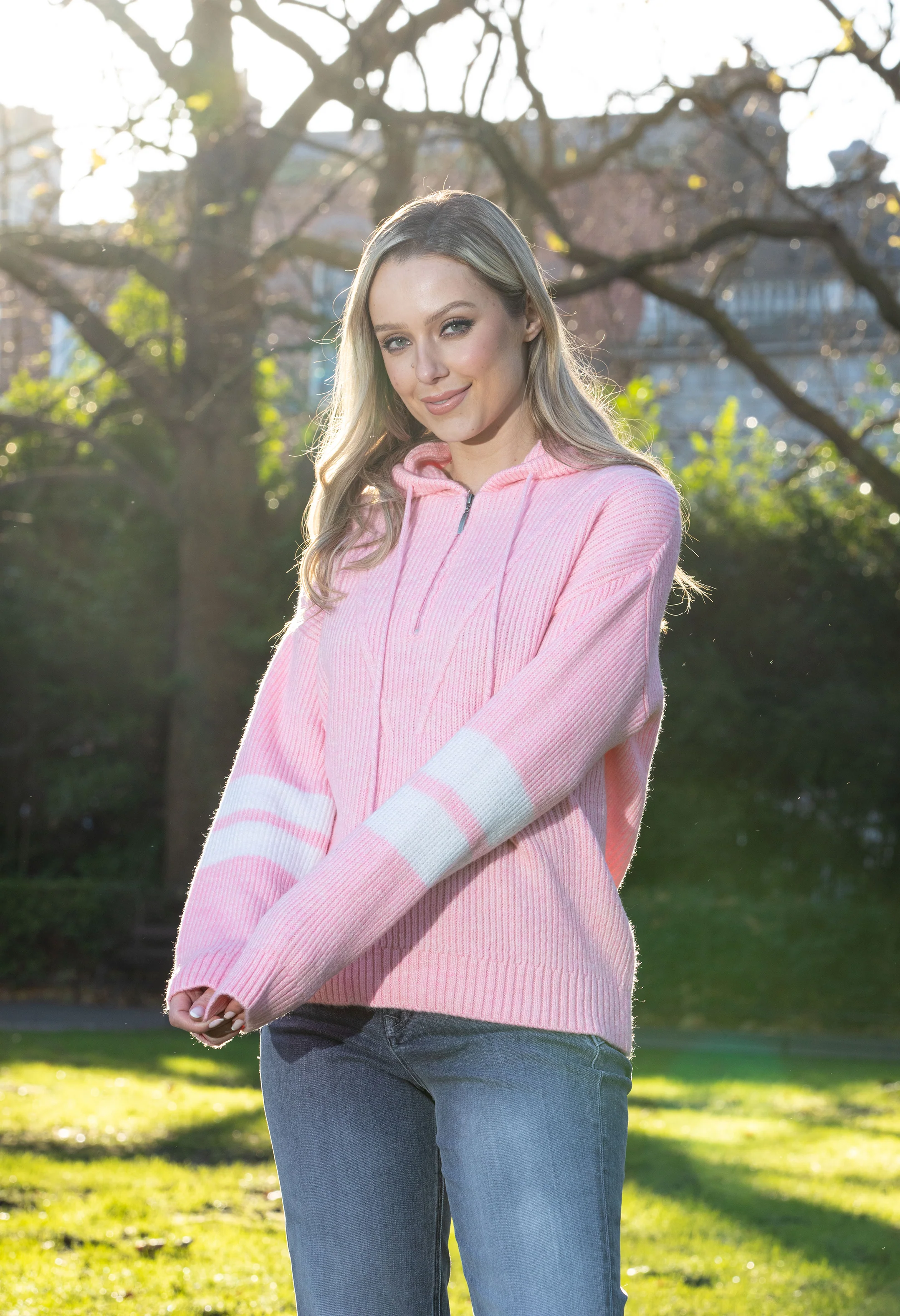 Stripe Sleeve Knit Half Zip Hoodie - Image 6