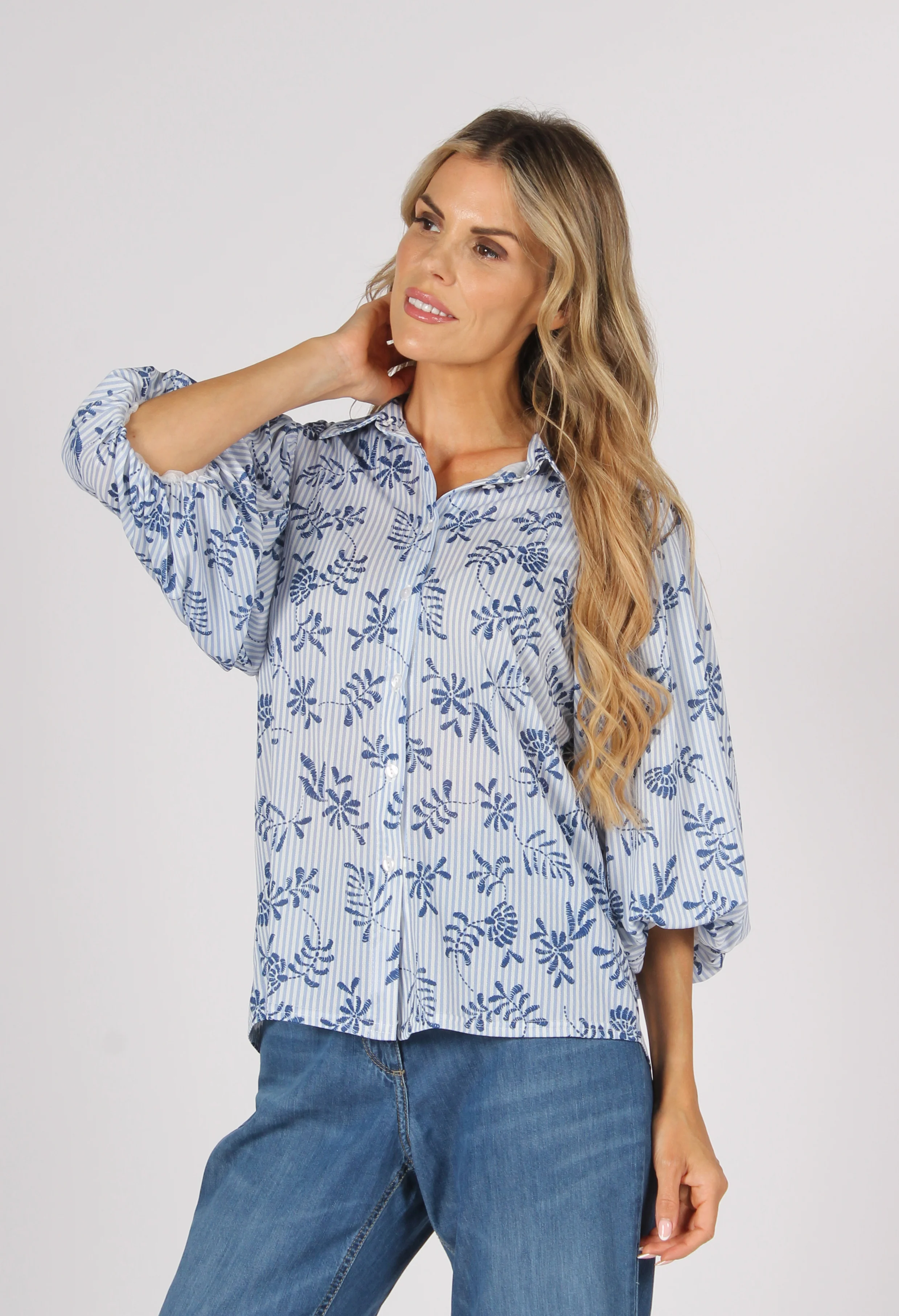 Striped Balloon Sleeve Blouse - Image 2
