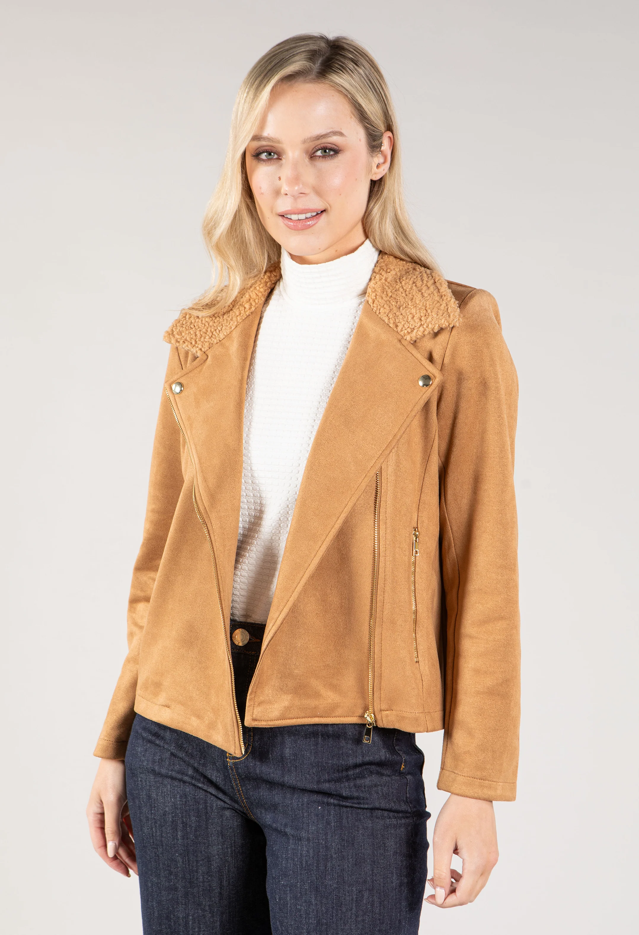 Suedette Sherpa Collar Biker Jacket - Image 10