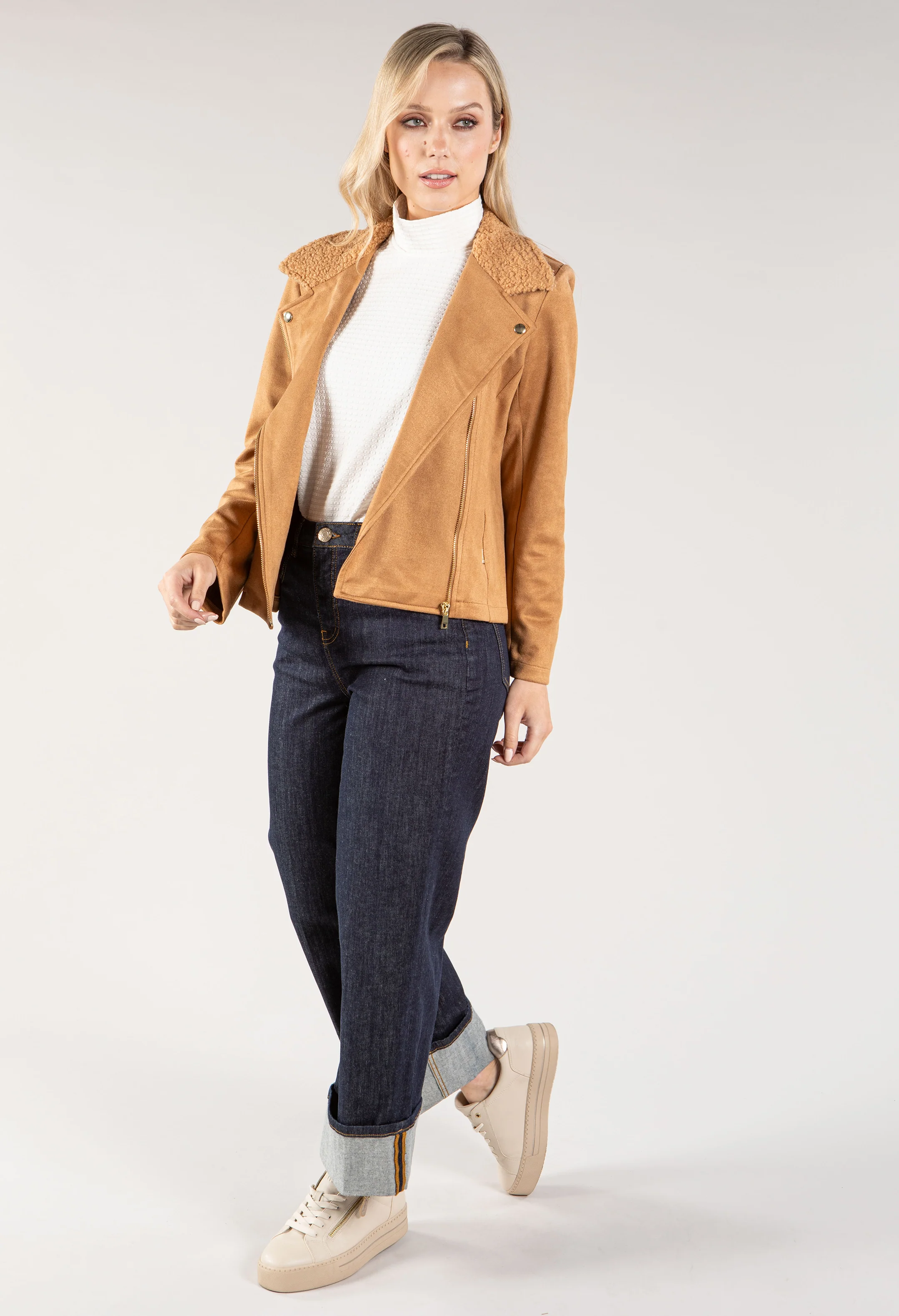 Suedette Sherpa Collar Biker Jacket - Image 14