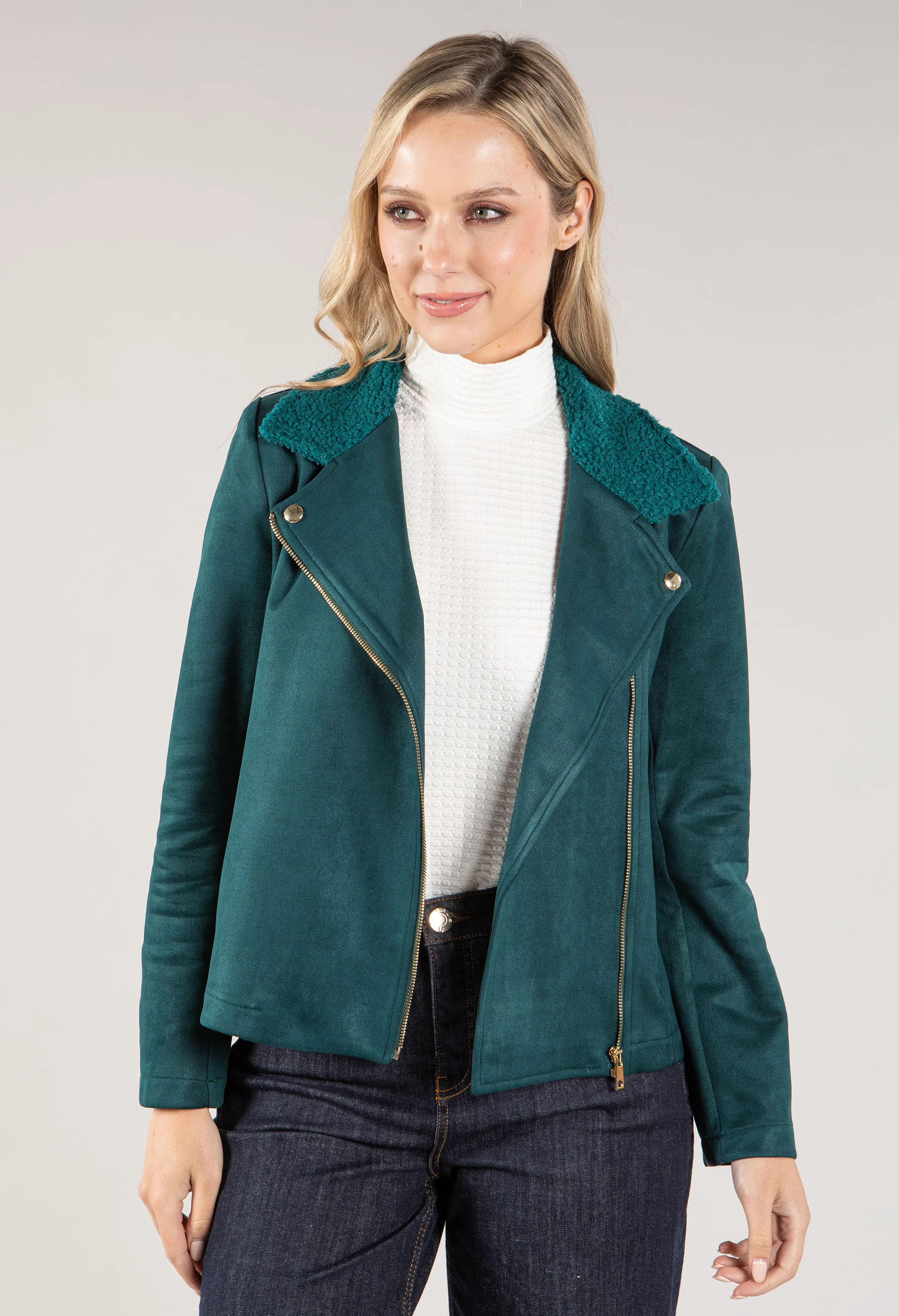 Suedette Sherpa Collar Biker Jacket - Image 16