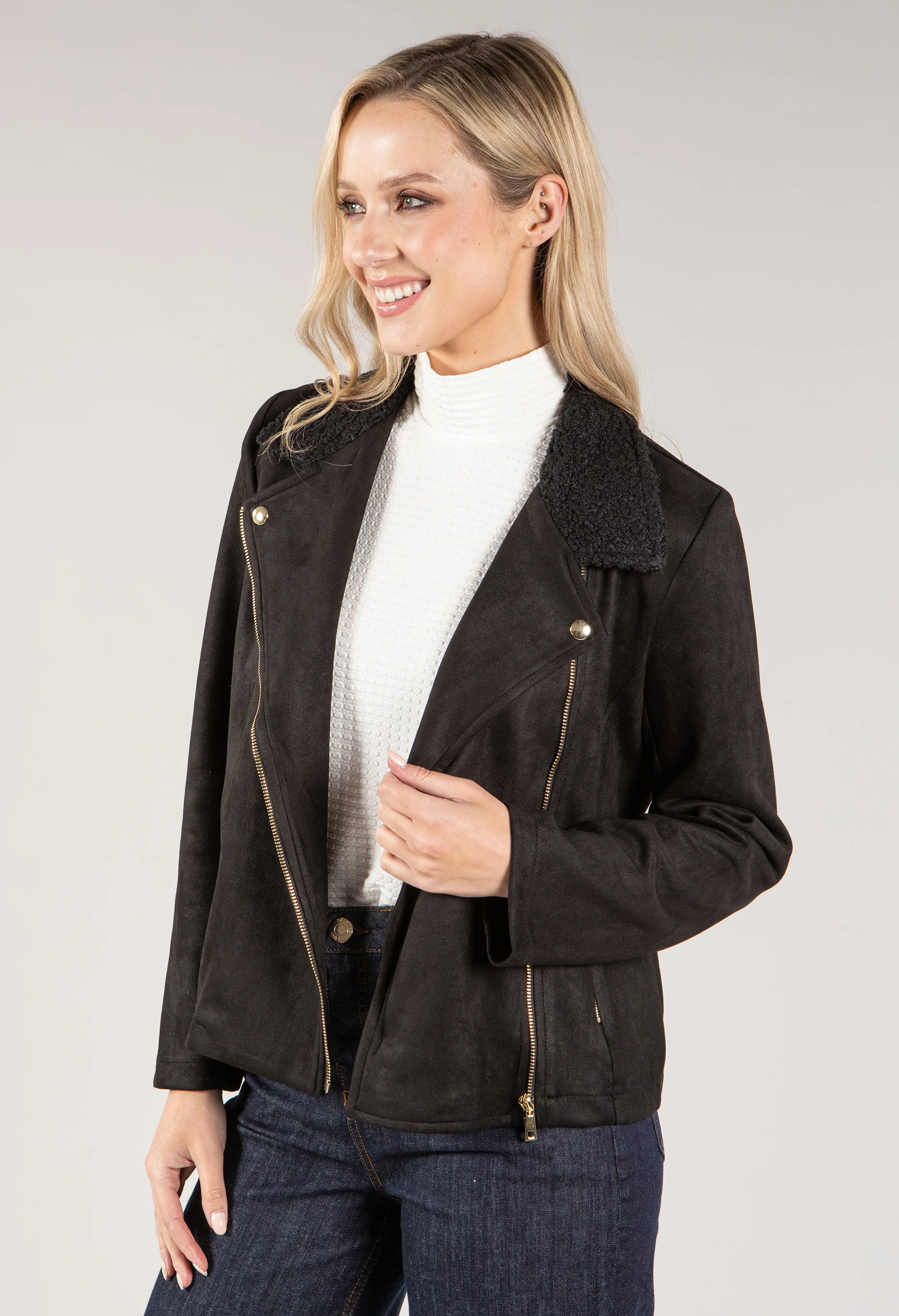 Suedette Sherpa Collar Biker Jacket - Image 6